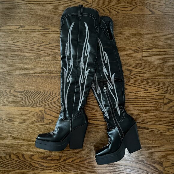 Black Flame Stitch Platform Boots – Over-the-Knee / Y2K / Western Punk - Picture 2 of 6